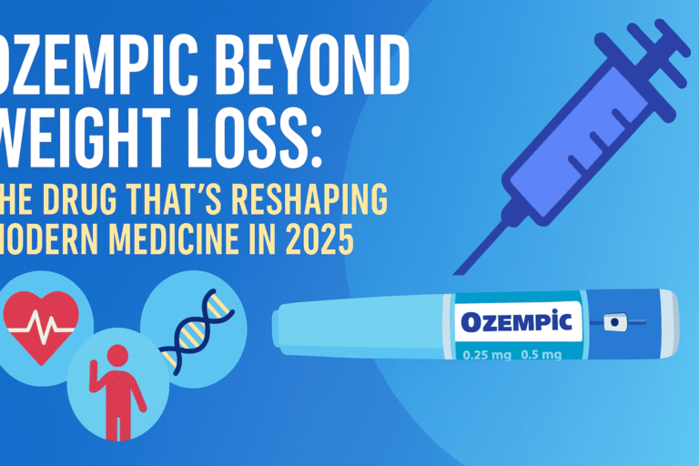 Ozempic pen with icons symbolizing heart, addiction, and longevity health benefits- Ozempic Beyond Weight Loss
