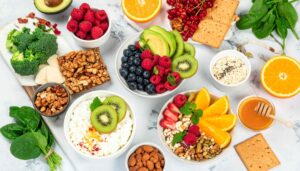A vibrant display of the Best Gut Health Foods for 2025, including yogurt, berries, leafy greens, and grains, styled for HealthReflected.com’s gut wellness blog post.