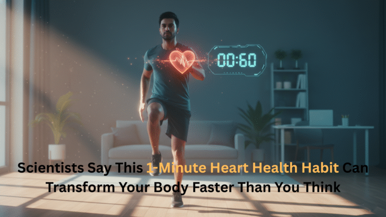 Person doing a quick 1-minute heart health habit exercise with a glowing heart graphic and digital 60-second timer in a modern room.
