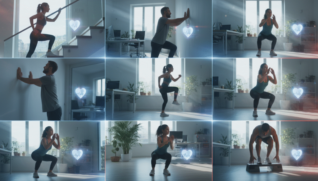 Various people practicing different forms of the 1-minute heart health habit, including squats, stair climbing, and marching in place.