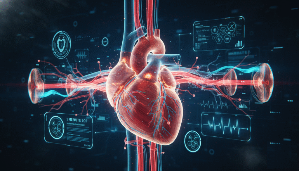 Scientific illustration showing how the 1-minute heart health habit boosts blood flow, oxygen uptake, and cardiovascular function.